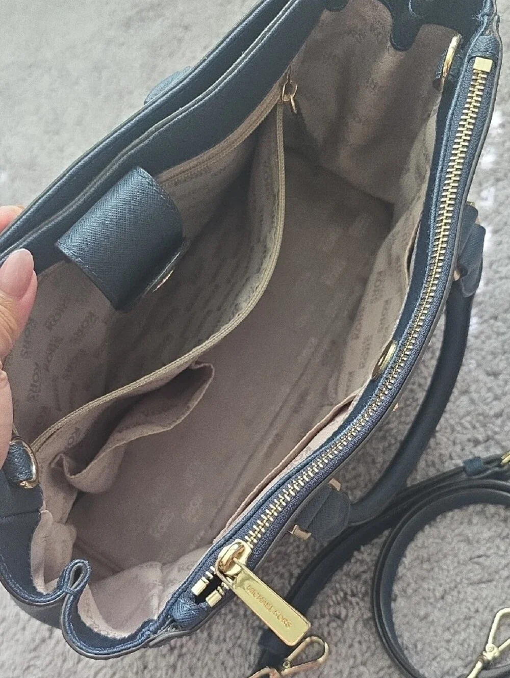 Michael Kors Navy Saffiano Satchel with Gold Hardware